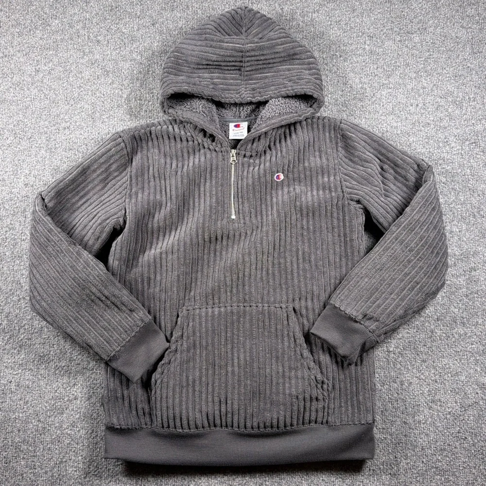 Champion Corduroy Hoodie Quarter Zip Boys Size L 14/16 Grey Sherpa‎ Lined